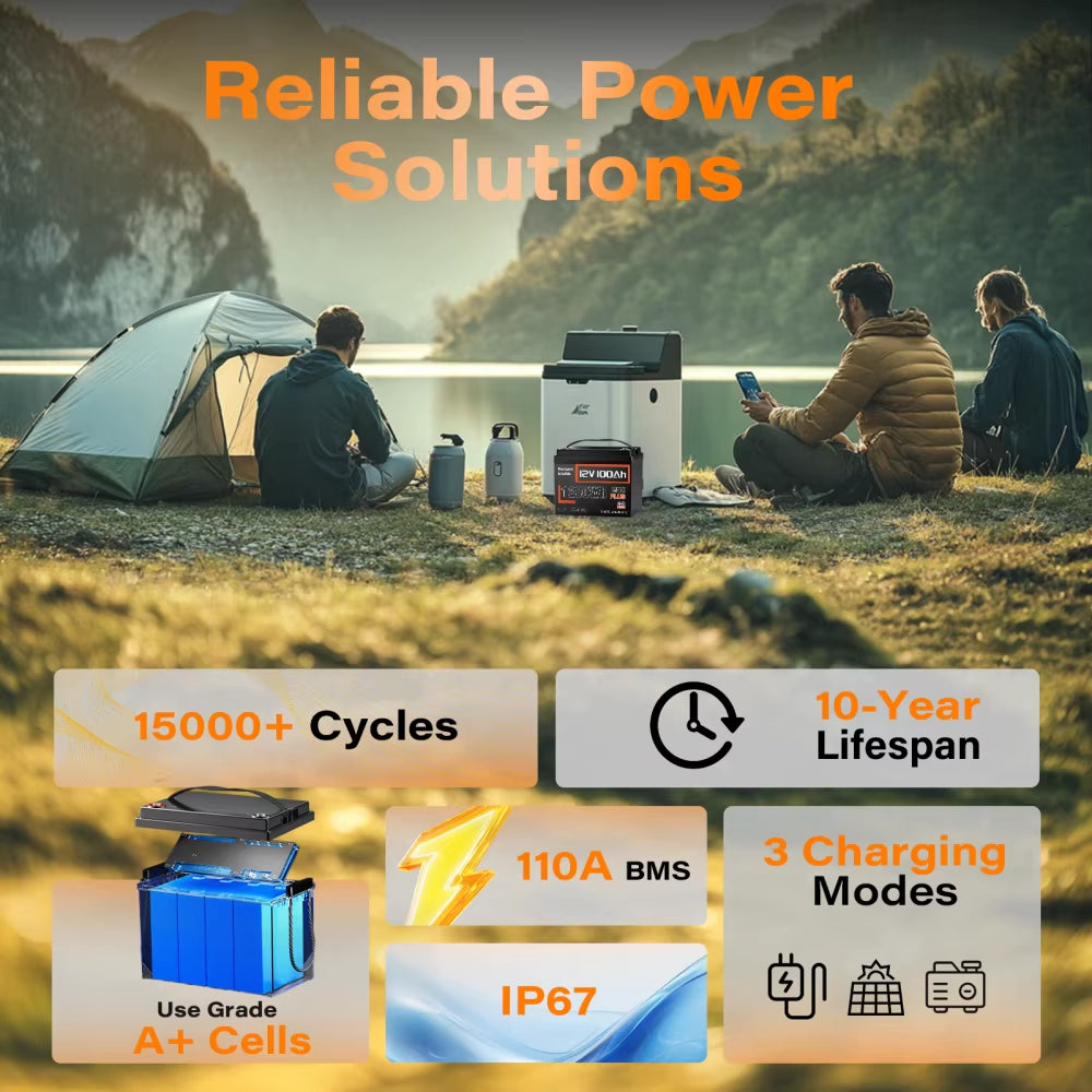 Lifepo4 Lithium Battery 12V 100AH MAX with 100A BMS Protect Portable for Vans, RV, Golf Cart, Touring Car, Marine, Etc