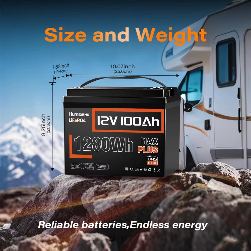 Lifepo4 Lithium Battery 12V 100AH MAX with 100A BMS Protect Portable for Vans, RV, Golf Cart, Touring Car, Marine, Etc