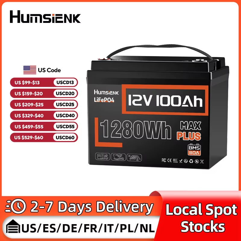 Lifepo4 Lithium Battery 12V 100AH MAX with 100A BMS Protect Portable for Vans, RV, Golf Cart, Touring Car, Marine, Etc